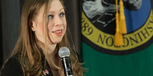 Mar. 22, 2016: Chelsea Clinton, daughter of Democratic presidential candidate Hillary Clinton, speaks next to the Washington state flag at Bates Technical College in Tacoma, Wash.