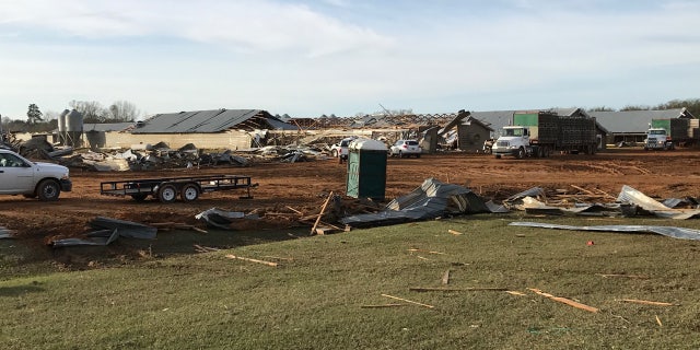 A row of chicken houses in Mount Olive, Miss. were severely damaged by the storms.