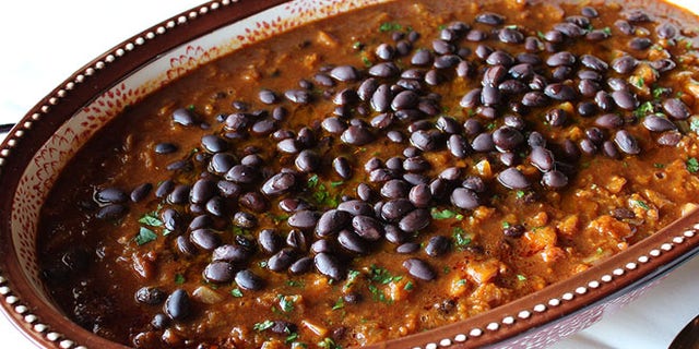 Butternut squash and black beans chili --spiced with both ancho and chipotle chili powders.