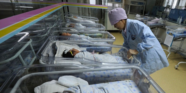 A nurse takes care of newborn babies at a hospital in Hefei, Anhui province April 2011.