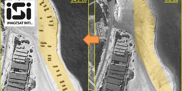 Images of the Woody Island beach on Feb. 14 (left) and Feb. 3.