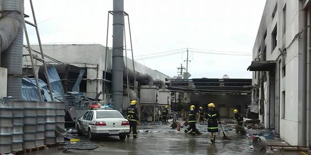 Aug. 2, 2014: This photo released by China's Xinhua News Agency shows the site of an explosion at an eastern Chinese automotive parts factory in Kunshan City, Jiangsu Province.