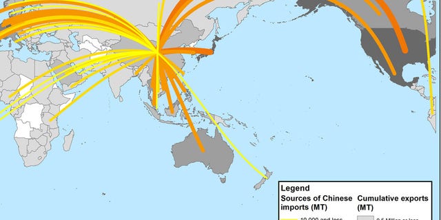 Pictured are sources of plastic waste imports into China and cumulative plastic waste export tonnage in 1988–2016.