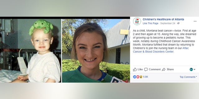 Children's Healthcare of Atlanta shared the above photos of Montana, where she is seen as a patient on the left, and as a nurse on the right.