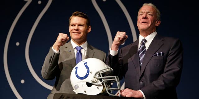 Colts Owner Jim Irsay, right, and new general manager Chris Ballard pose following a news conference at the NFL team's practice facility in Indianapolis, Monday, Jan. 30, 2017. (AP Photo/Michael Conroy)