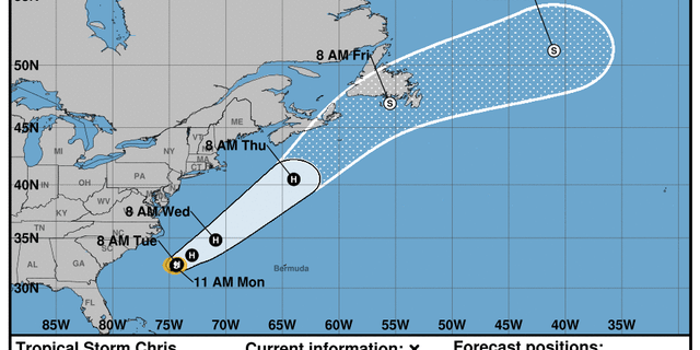 A map showing the location and forecast track of Tropical Storm Chris.