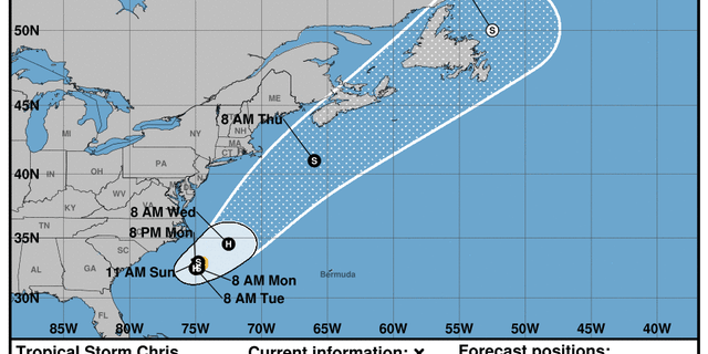 A map showing the location and forecast track of Tropical Storm Chris.