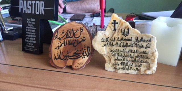The Rev. Francis Joseph's desk in his office at Alliance Evangelical Church in Baghdad.