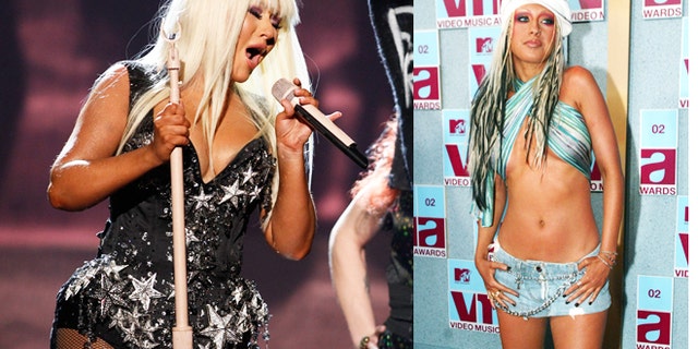 Christina Aguilera at 2012 AMAs (left) and 2002 VMAs.