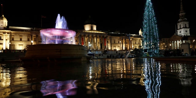 The Trafalgar Square Christmas tree, a gift from Norway, is lit during a ceremony attended by the Mayor of Oslo, Marianne Borgen and Lord Mayor of Westminster Ian Adams, in London, Britain, December 7, 2017.