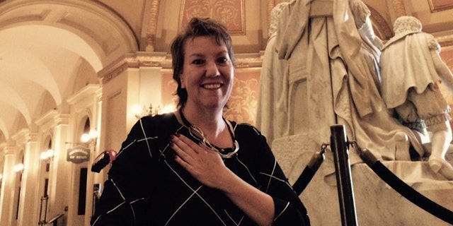 Sept. 11, 2015: Christy O'Donnell expresses joy at California State Capitol after state legislature passed End of Life Option Act.