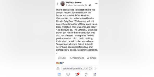 The Jacksonville city worker who allegedly insulted a veteran at Jaguar Power Sports Monday issued an apology on her Facebook page Tuesday, according to Fox 30 Jacksonville.