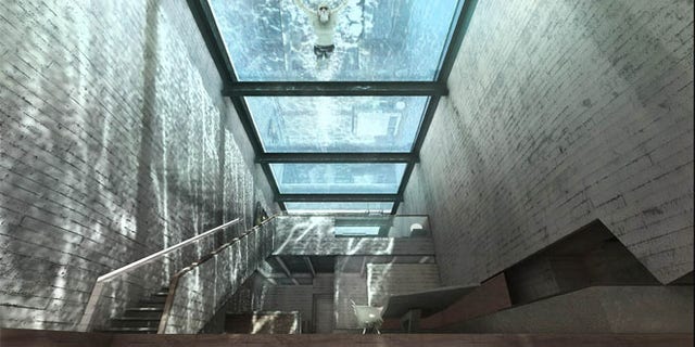 The glass roof has a pool on top that helps cool the house.