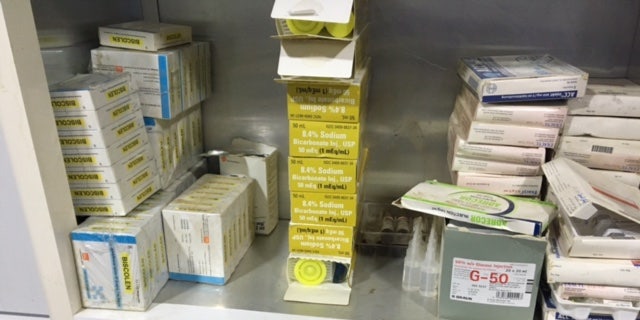 The clinic's paltry medicine cabinet.