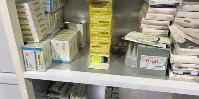 The clinic's paltry medicine cabinet.