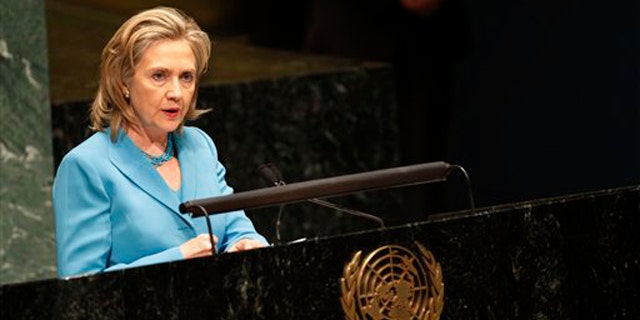 Secretary of State Hillary Clinton addresses the United Nations General Assembly Aug. 19 at United Nations headquarters. (AP Photo)