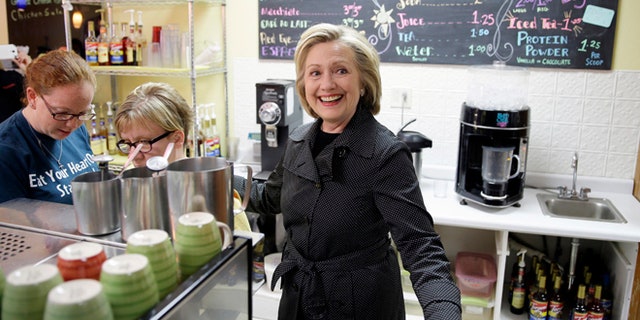 May 19, 2015: Democratic presidential candidate Hillary Rodham Clinton visits Em's Coffee Co. in Independence, Iowa. (AP)