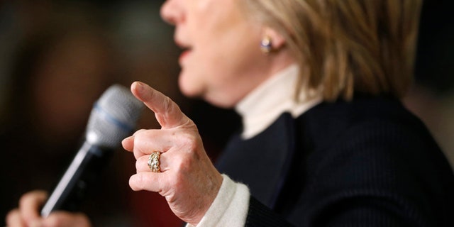 Jan. 18, 2015: Democratic presidential candidate Hillary Clinton gestures as she speaks at a town hall at the Toledo Civic Center in Toledo, Iowa.