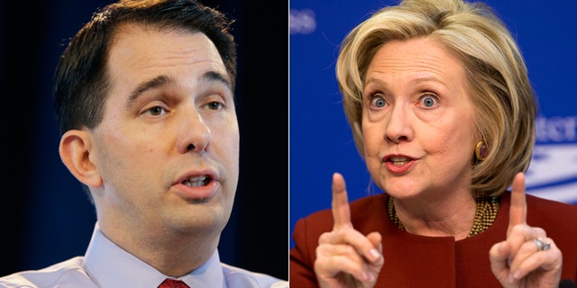 Wisconsin Gov. Scott Walker, left, former Sec. of State Hillary Clinton, right.