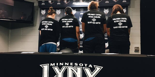 Minnesota Lynx players displayed their shirts before a game at the Target Center on Saturday.
