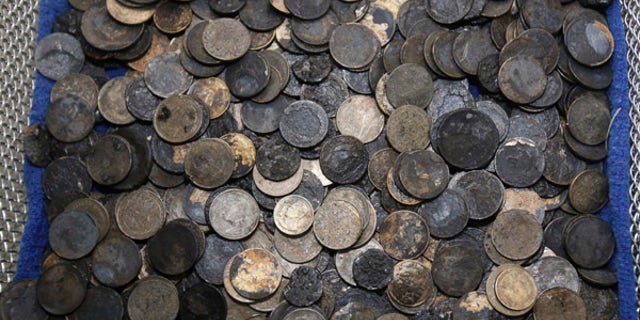 A picture of coins that were removed from a female green turtle nicknamed "Bank."