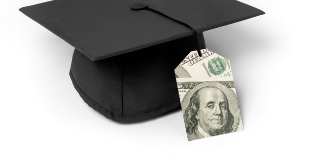 Mortarboard with 100 dollar bills price tag as a tassle on a white background
