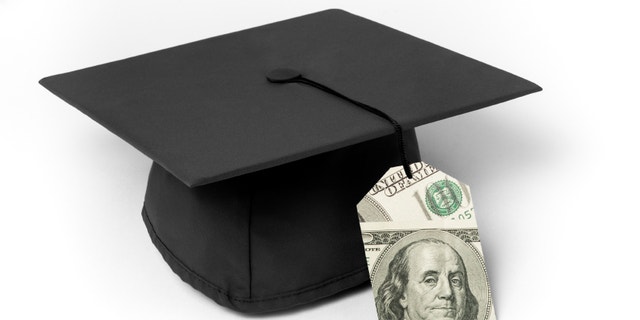 Mortarboard with 100 dollar bills price tag as a tassle on a white background