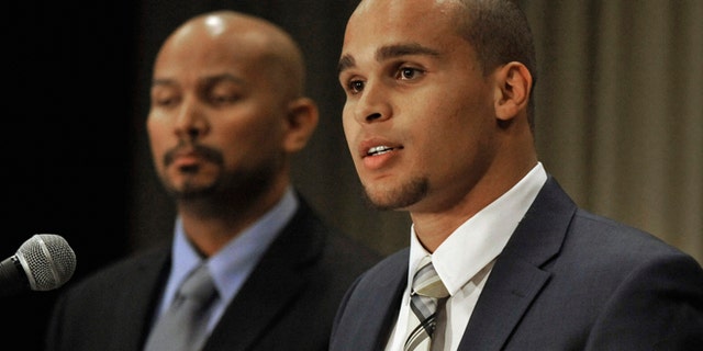 Jan. 28, 2014: In this photo, Northwestern quarterback Kain Colter, right, speaks while College Athletes Players Association President Ramogi Huma listens during a news conference in Chicago.