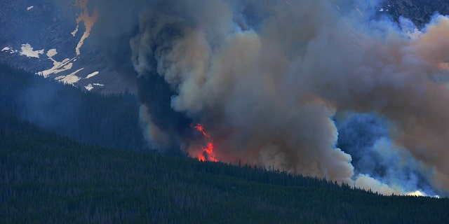 Flames rise above the trees as a wildfire burns near Breckenridge, Colo., on Wednesday, July 5, 2017. The fire was reported midday Wednesday and is burning in the White River National Forest. (Jack Queen/Summit Daily News via AP)
