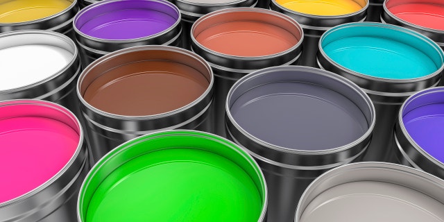 3D Metallic Pots of Paint Render Background.