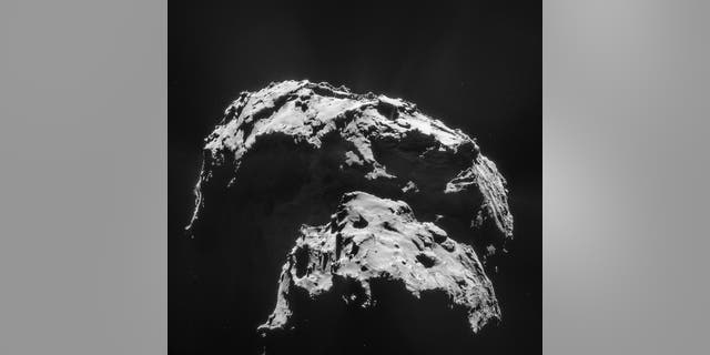 Comet 67P/Churyumov-Gerasimenko is seen here in an image captured by the Rosetta spacecraft. The mission's Philae lander hit the surface with a big bounce, demonstrating that the comet's surface is hard.