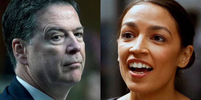 Former FBI Director James Comey, left, and Democratic congressional candidate Alexandria Ocasio-Cortez.