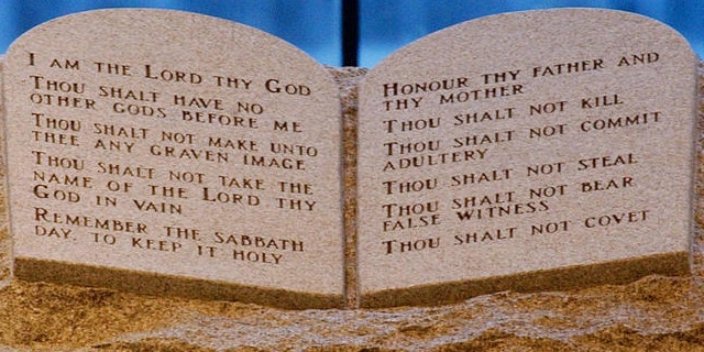 Aug. 25, 2003: A Ten Commandments memorial is shown in the Alabama Judicial Building in Montgomery.