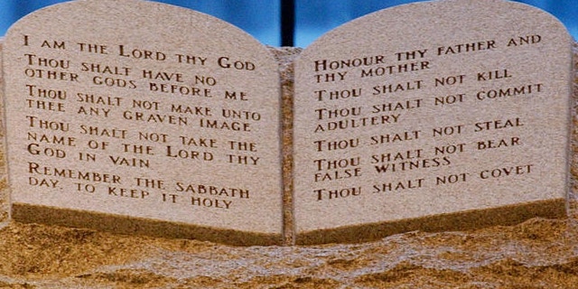 Aug. 25, 2003: A Ten Commandments memorial is shown in the Alabama Judicial Building in Montgomery.