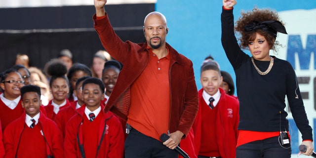 Singers Common and Andra Day perform with Baltimore's Cardinal Shehan Choir during the March for Our Lives event demanding gun control after recent school shootings at a rally in Washington, D.C., March 24, 2018.