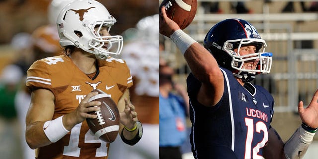 Texas' David Ash (14) looks to throw against North Texas, left, and Connecticut quarterback Casey Cochran (12) warms up before his team's NCAA football game against BYU, right.