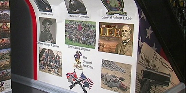 Poster inside NYC building shows Confederate generals.