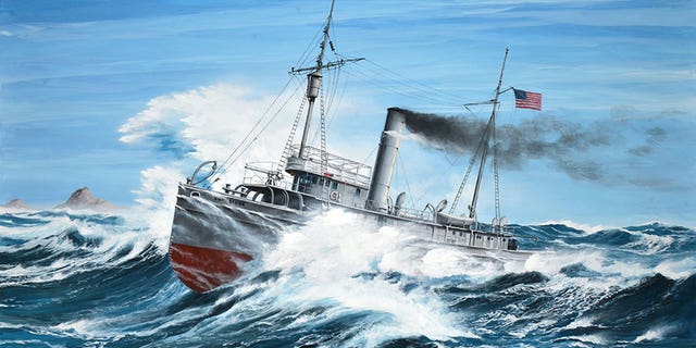 Modern painting of the USS Conestoga (AT 54) on its final voyage pounding through large waves during a gale off Southeast Farallon Island in March 1921.
