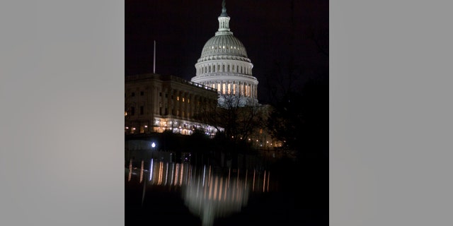 U.S. Capitol at night.
