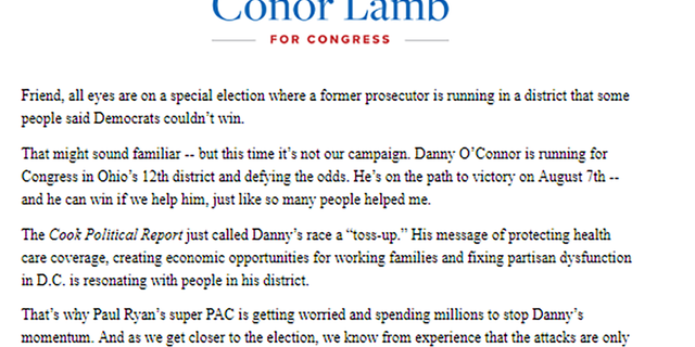 U.S. House Rep. Connor Lamb, D-PA., issued a fundraising email earlier this month calling the Ohio Democrat a “former prosecutor.”