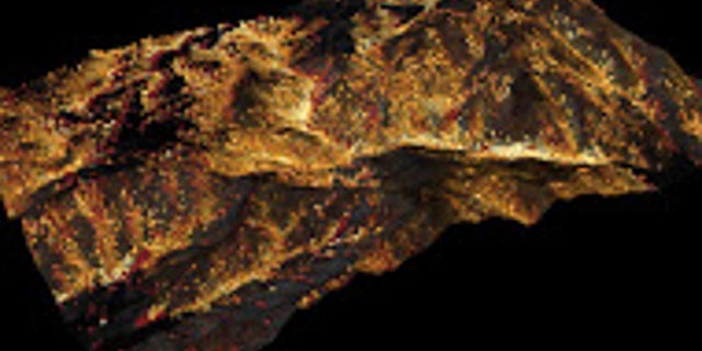 This 3-D image shows the amount of water contained in the canopies of trees. Red-orange is low, white medium, and blue high.