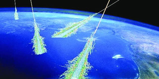An artist's concept of the shower of particles produced when Earth's atmosphere is struck by ultra-high-energy cosmic rays.