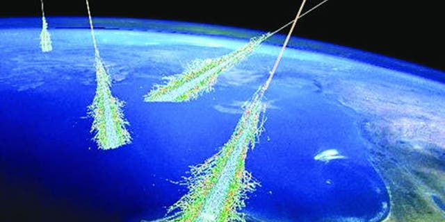 An artist's concept of the shower of particles produced when Earth's atmosphere is struck by ultra-high-energy cosmic rays.