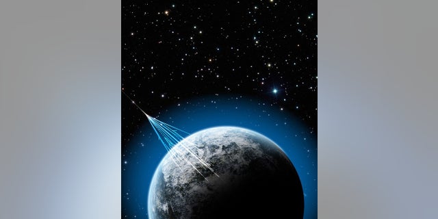 An illustration of high-energy cosmic rays penetrating the Earth's atmosphere.