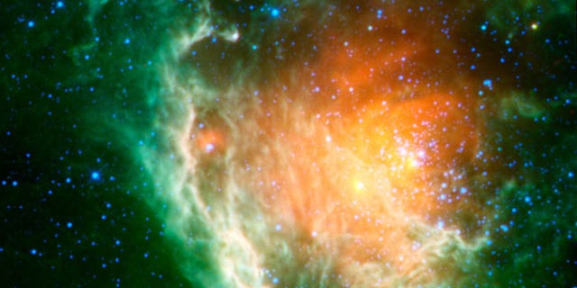 This infrared image from NASA's WISE space telescope shows a cosmic rosebud blossoming with new stars, including the Berkeley 59 cluster and a supernova remnant.