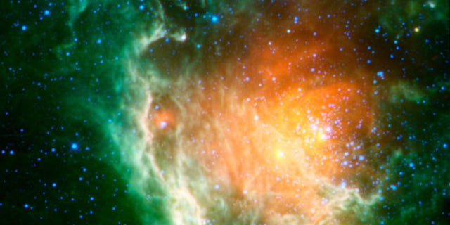 This infrared image from NASA's WISE space telescope shows a cosmic rosebud blossoming with new stars, including the Berkeley 59 cluster and a supernova remnant.
