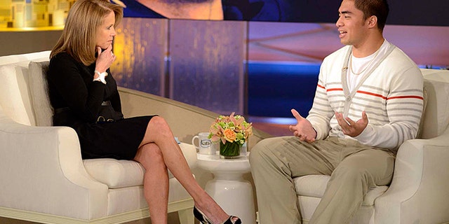 Jan. 22, 2013: Notre Dame linebacker Manti Te'o, right, speaking with host Katie Couric during an interview for 'Katie' in New York. Te'o told Couric he briefly lied about his online girlfriend after discovering she didn't exist, but maintained he had no part in creating the hoax. (AP/Disney-ABC)