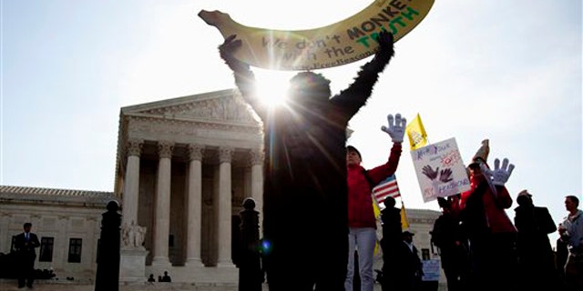 March 28, 2012: Protesters gather in front of the Supreme Court in Washington as the court concludes arguments in the federal health care law case.