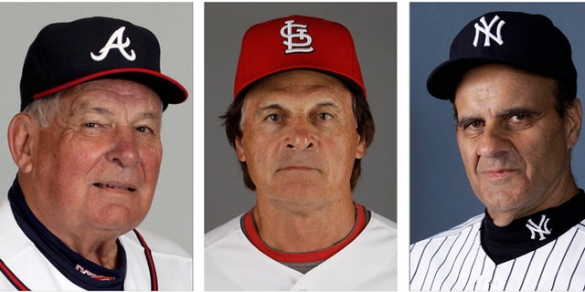 From left are Atlanta Braves manager Bobby Cox in 2010, St. Louis Cardinals manager Tony La Russa in 2011 and New York Yankees manager Joe Torre in 2007.