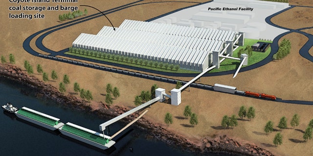 Rendering of the Coyote Island Terminal coal storage and barge loading site, courtesy of MorrowPacific / Port of Morrow.